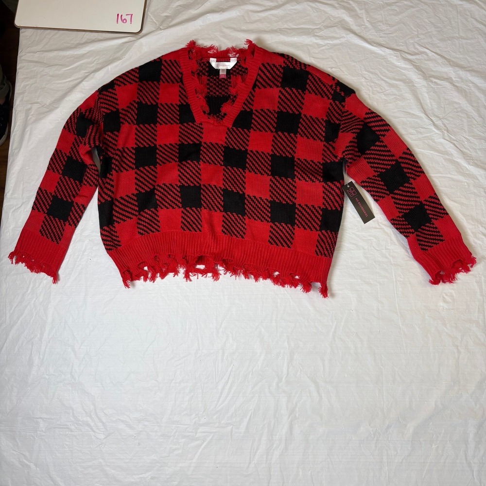 No Boundaries Red/Black Buffalo‎ Plaid Distressed V-Neck Sweater S NWT Cropped